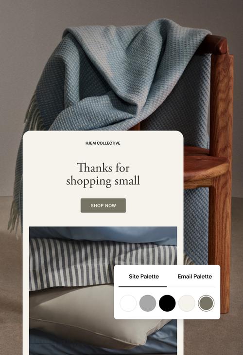 A sample email with a color picker overlay, containing "Site Palette" and "Email Palette" tabs.