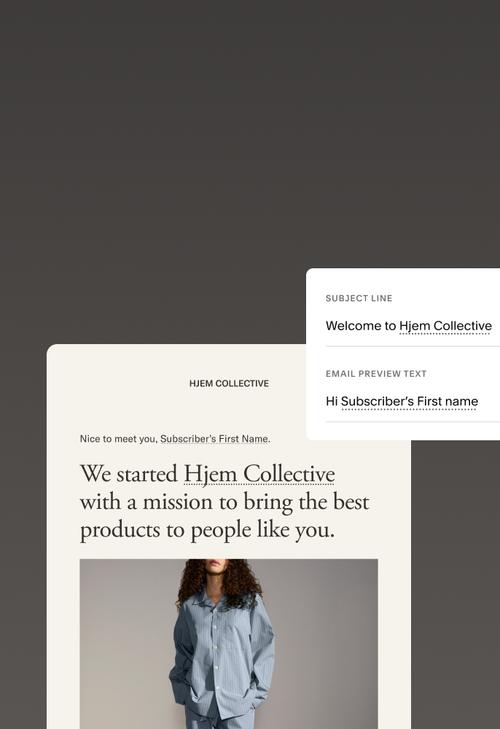 An email newsletter including personalization, showing a placeholder text for the subscriber’s first name in the subject line, and email itself.