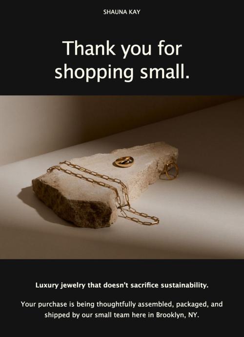 An email template for a small jewelry business company that says "Thank you for shopping small."
