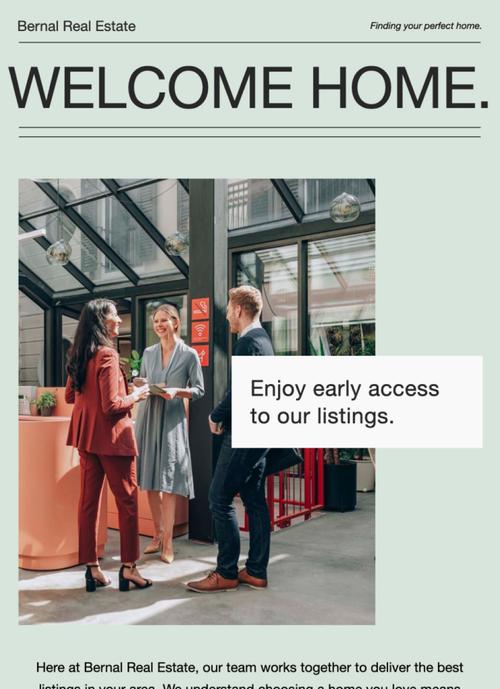 A welcome email template with an inviting photo of people conducting business.